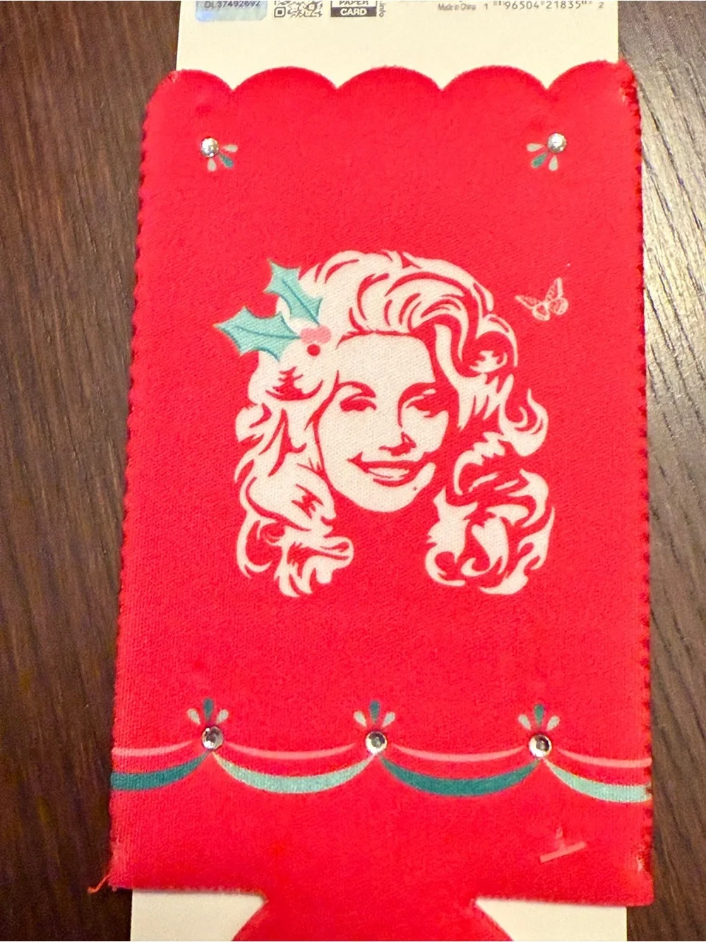 Dolly Parton Red Festive Can Cooler with Decorative Dolly Portrait